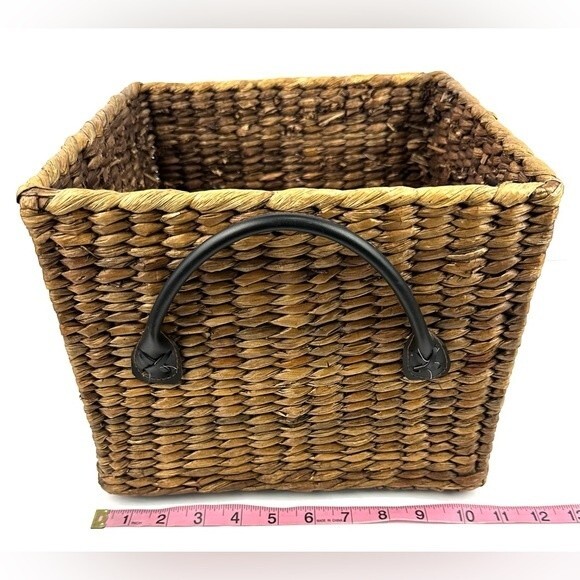 Square Brown Wicker Basket with Leather Handles 10.5” x 8.5” - Picture 8 of 9